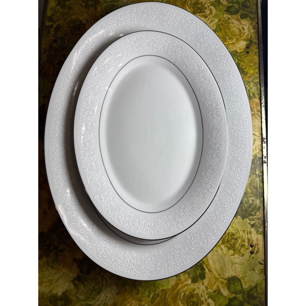 Noritake Tahoe 2585 Fine China Oval Serving Platter Set White Floral Silver Rim